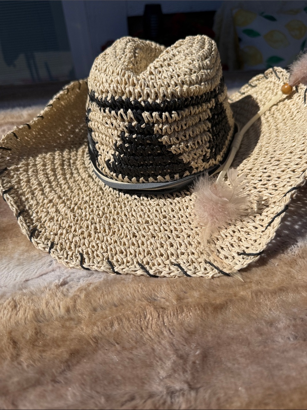 Peter Grimm New Aztec 3 band/ feathers Natural Straw Crochet Hat Black Accents - Picture 3 of 11